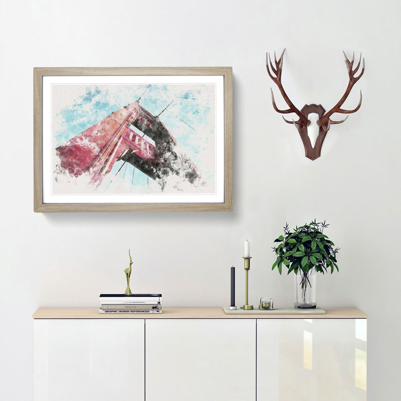 View Of The Golden Gate Bridge In San Francisco Watercolour - Framed Print, Oak, 35cm H x 50cm W x 2cm D