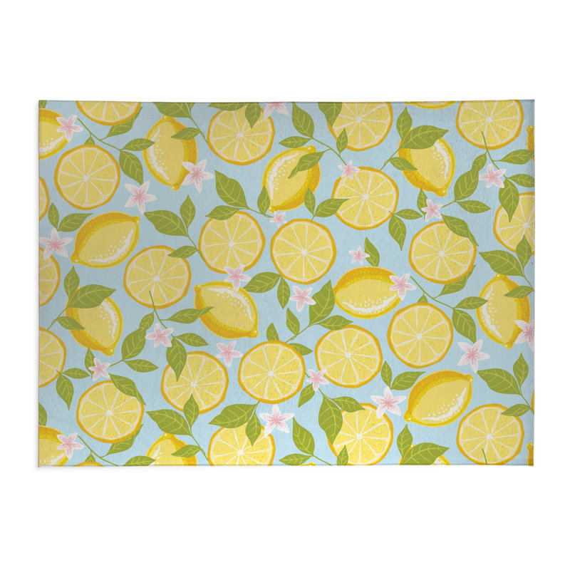 Tapis de cuisine anti-dérapant léger Lemons, Bleu, Rectangle 5 pi x 7 pi
