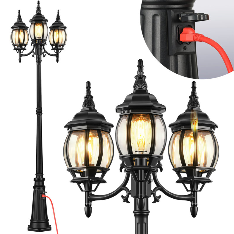 3-Head Outdoor Lamp Post Light with Outlet, Black Street Light Pole with Dusk to Dawn