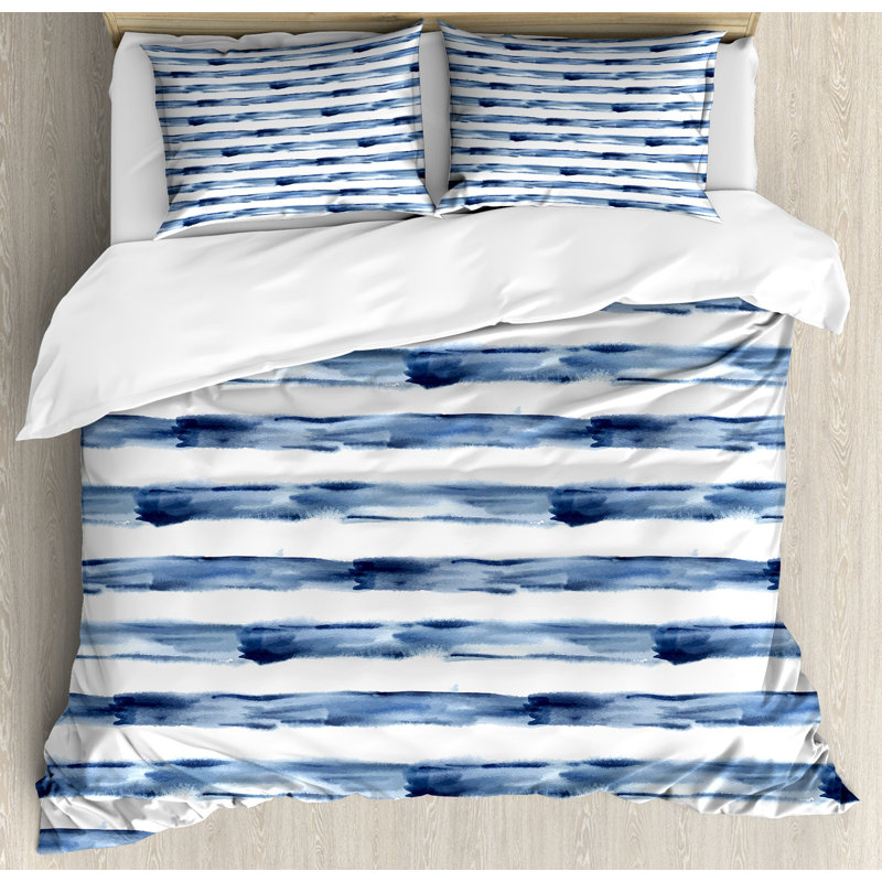 California King Night Blue and White Striped Duvet Cover Set