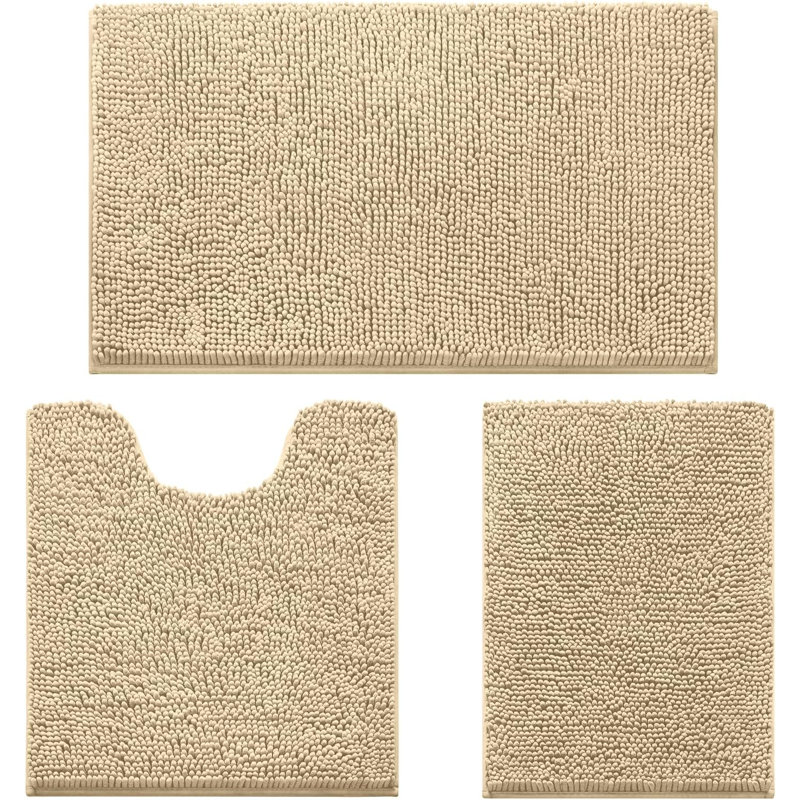3 Pieces Bathroom Rugs, Ultra Soft Non Slip, Beige