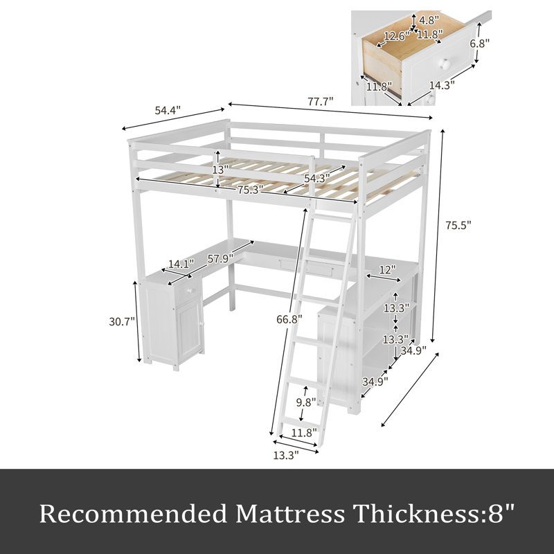 Jetmir Kids Loft Bed with Drawers, Full, White