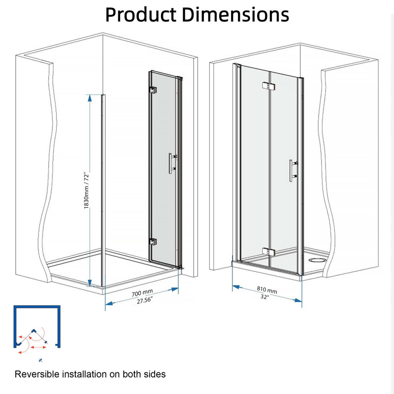 Porte de douche pliante en aluminium chromé 33 à 32 pouces
