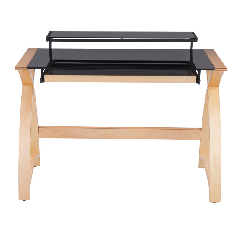 Bureau d'écriture en verre trempé noir mat avec huche intégrée, moderne Mid-Century, largeur de 43 pouces, bois et verre