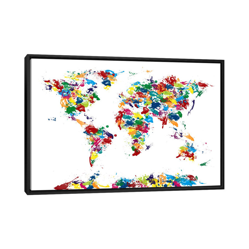 «World Map Paint Drops», impression sur toile, H 18 po x l 26 po x P 1,5 po, Toile avec cadre noir, Pas de tapis