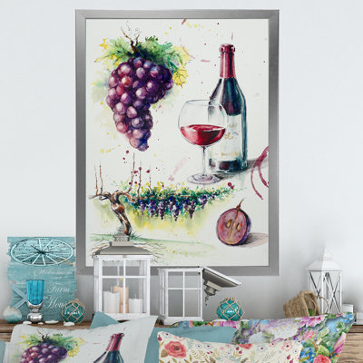 Raisins avec bouteille de vin - œuvre d'art sur toile traditionnelle