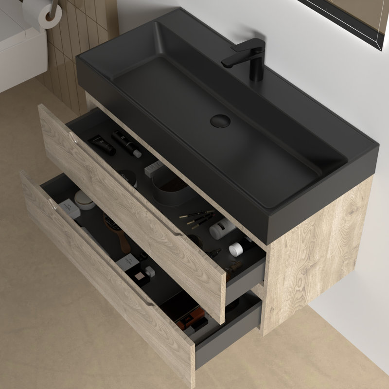 40" Single Bathroom Vanity Wall-mounted Floating vanities with Black Resin Stone Top,2 Drawers Modern for Small Bathroom, 40"