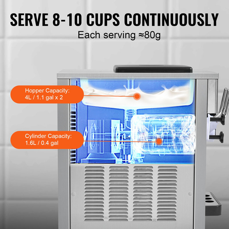 Machine à crème glacée commerciale, rendement de 21 pte / h, machine à crème glacée pour comptoir à 3 saveurs 1800 W à 3 saveurs, trémie de 4 L, 2 cylindres de 1,8 L, pré-refroidissement automatique du panneau ACL, pour le casse-croûte du restaurant