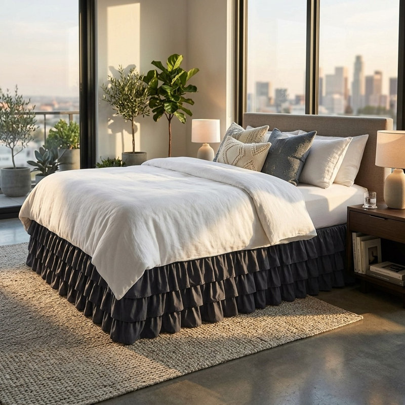 Multi-Ruffle King Bed Skirt, Black