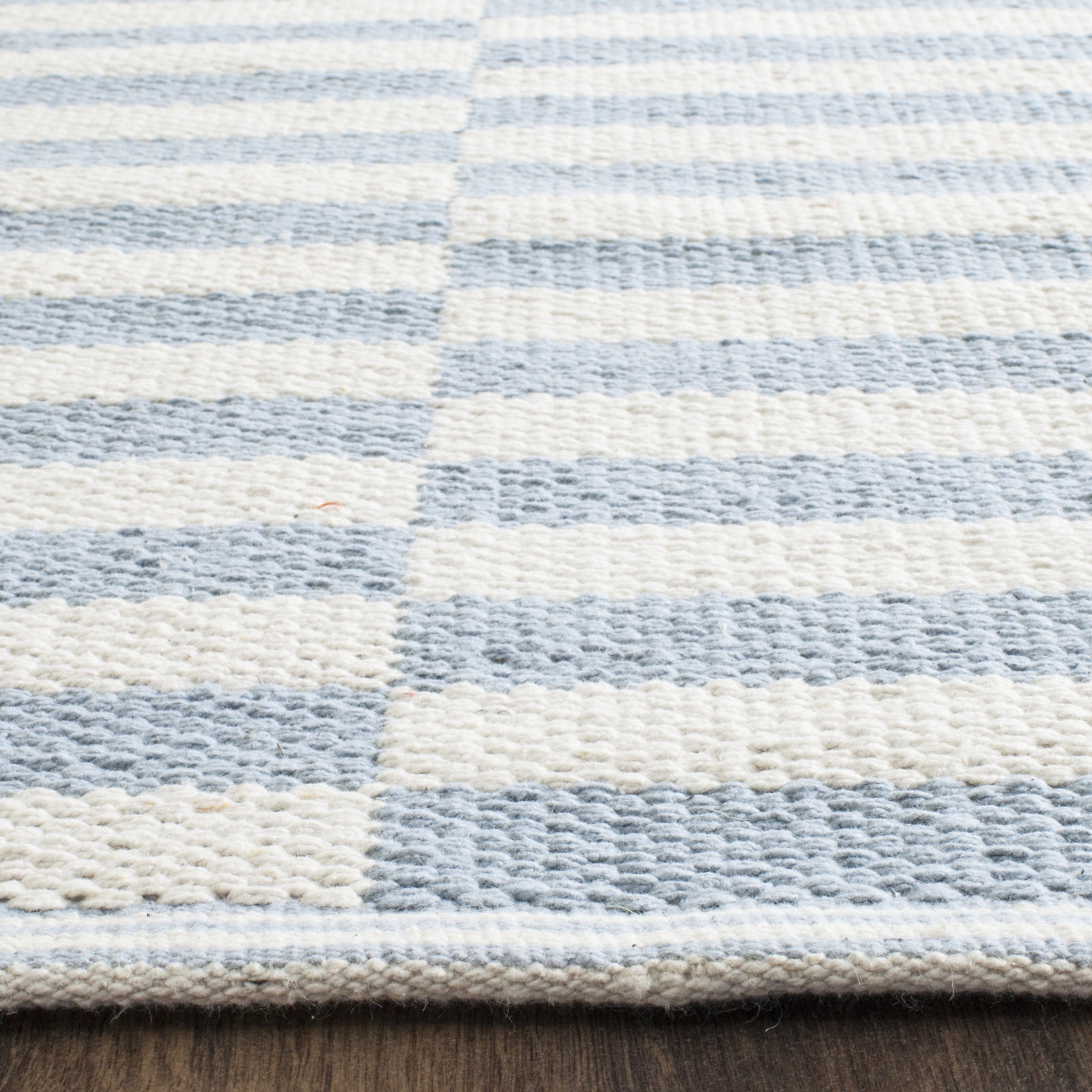 Ilona Striped Hand-Woven Flatweave Cotton Area Rug in Ivory/Light Blue, Rectangle 9' x 12'