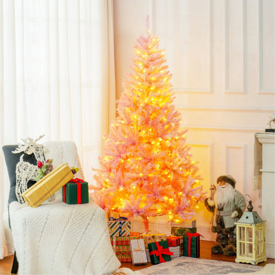 6' Tall Prelit Christmas Tree Douglas Fir Artificial Christmas Tree With Realistic Branches, 250 Warm White LED Lights And 1000 Tips, Pink