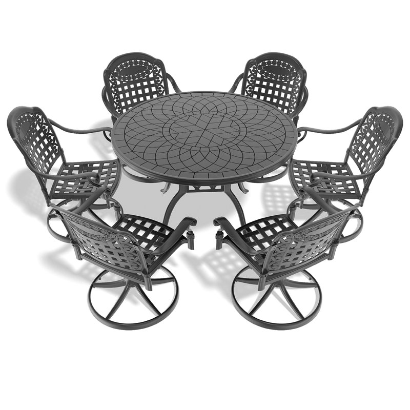 7-Piece All-Weather Cast Aluminum Dining Set, Include 6 Swivel Chairs And 47.24" Round Table With Black Frame (Same Sku:W1710S00346)