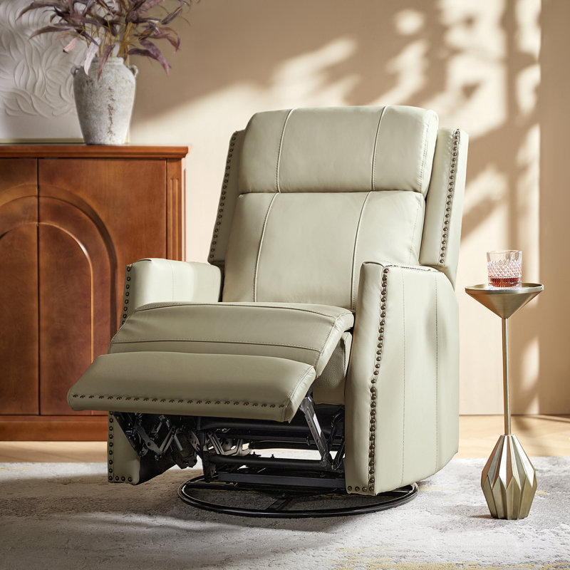Elimelec Genuine Leather Manual Swivel Recliner, Beige