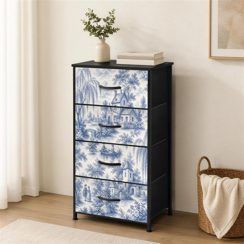 Commode à 4 tiroirs pour chambre à coucher bleu blanc Toile de Jouy