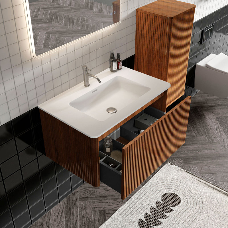 Hannemarie 30 Inch Wall Mounted Single Bathroom Vanity with Top with Overflow, Pre-Assembled , Walnut, 30"