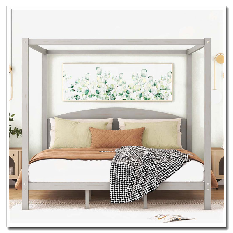 Lit plateforme à baldaquin en bois avec tête de lit et pieds de support, Gris délavé
