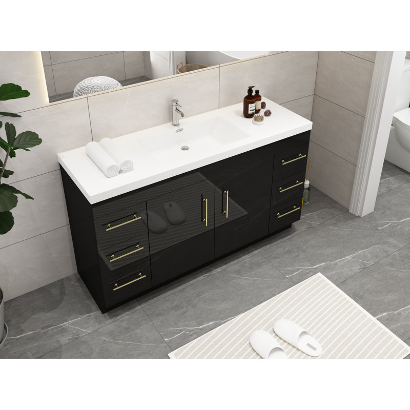 Ensemble de meuble-lavabo simple 59 po Carliss, Noir, Or