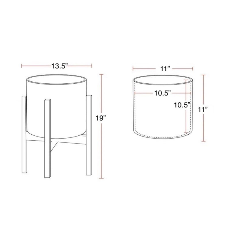 Surles Round Modern Ceramic Indoor Pot Planter with Wood Legs, White, 19" H x 13.5" W x 13.5" D