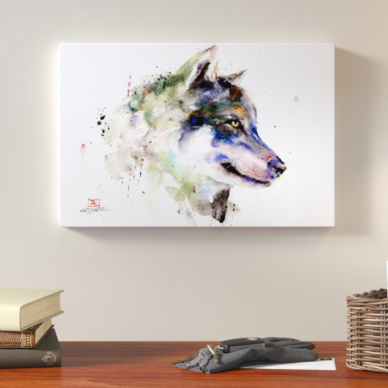 Loup, reproduction d’art sur toile tendue, H 16 po x l 24 po x P 1 po, Papier d'art encadré noir, Blanc