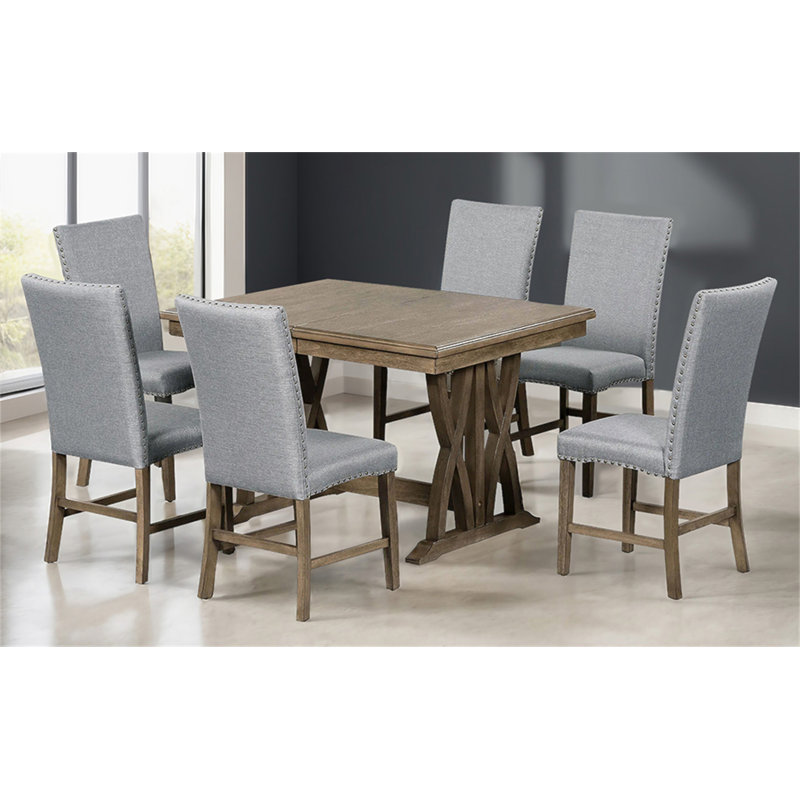 Mid-Century Solid Wood Extendable Dining Table Set with 6 Upholstered Chairs