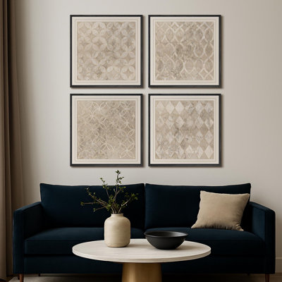 Beige Marble Mosaic Framed Canvas Wall Art Set of 4 – Geometric Tile Pattern Prints for Modern and Classic Home Decor