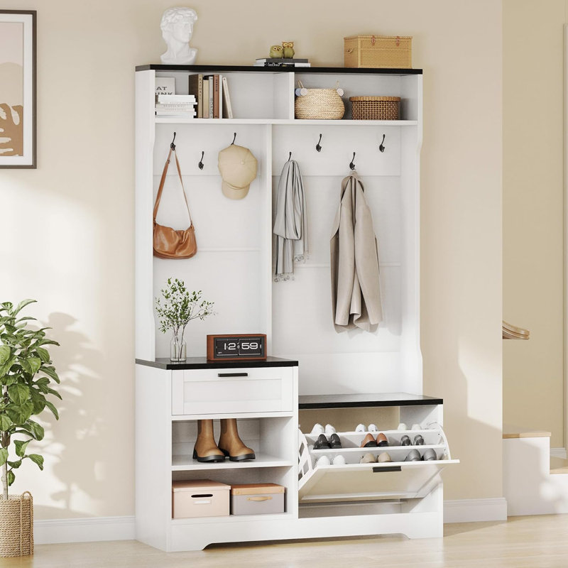 71" Hall Tree With Bench And Shoe Storage, Entryway Hall Tree With Coat Rack, White/Black