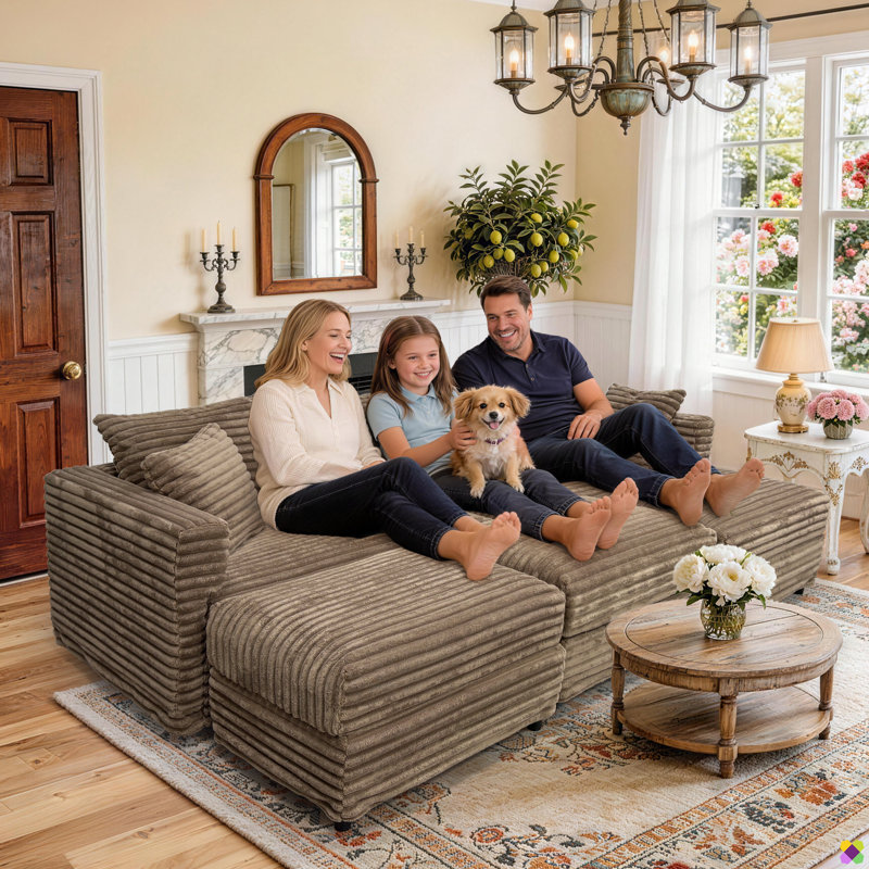 Gus 102.4"W/ 70.8"W Modular 7 Seaters Corduroy Sectional, include 3 Ottomans, Brown Plush Corduroy Fabric