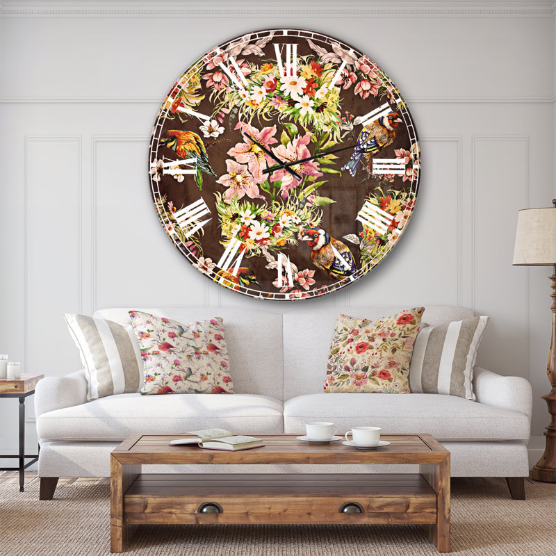 Oiseaux et fleurs colorés - Horloge murale traditionnelle, Surdimensionné