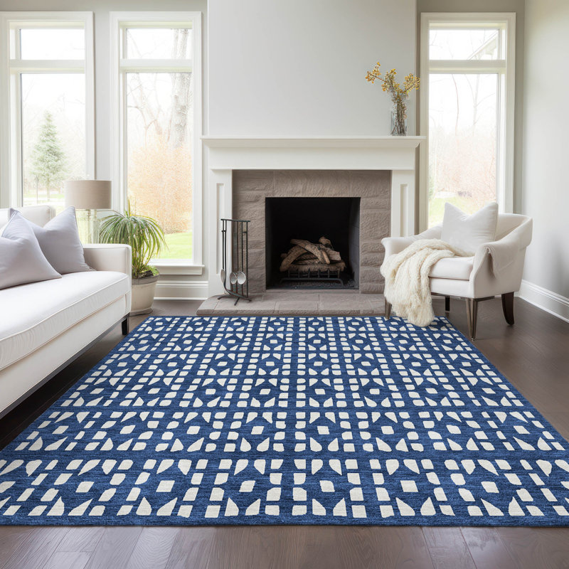Navy Geometric Synthetic Rectangular Indoor/Outdoor Rug 2'6" x 3'10"
