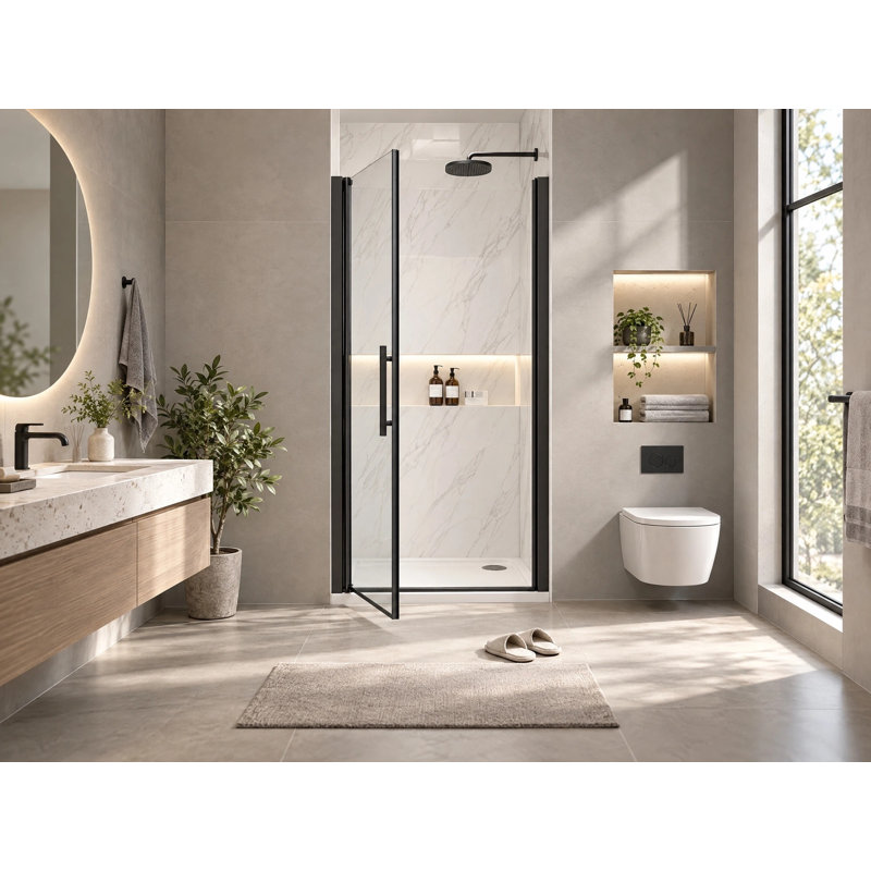 Porte de douche pivotante sans cadre de 26 à 27,5 po x H 68 po avec verre certifié Sgcc, Noir mat