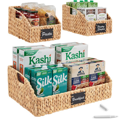  Hyacinth Angled Pantry Storage Baskets W/ Handles, Chalkboard & Marker (Set Of 3) - Natural