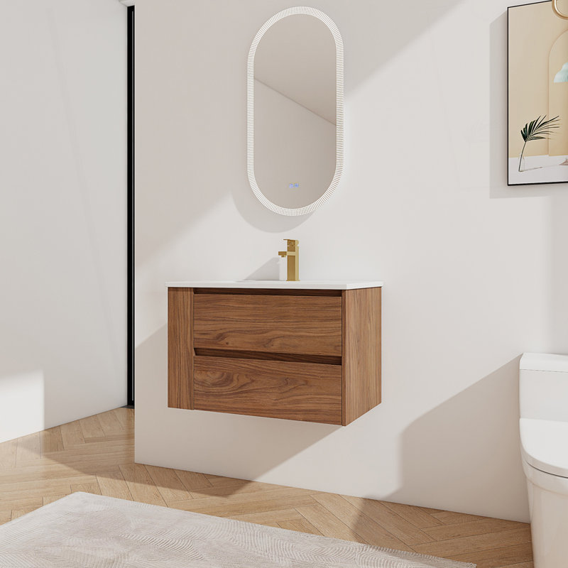 Meuble-lavabo mural avec lavabo en céramique, Chêne brun
