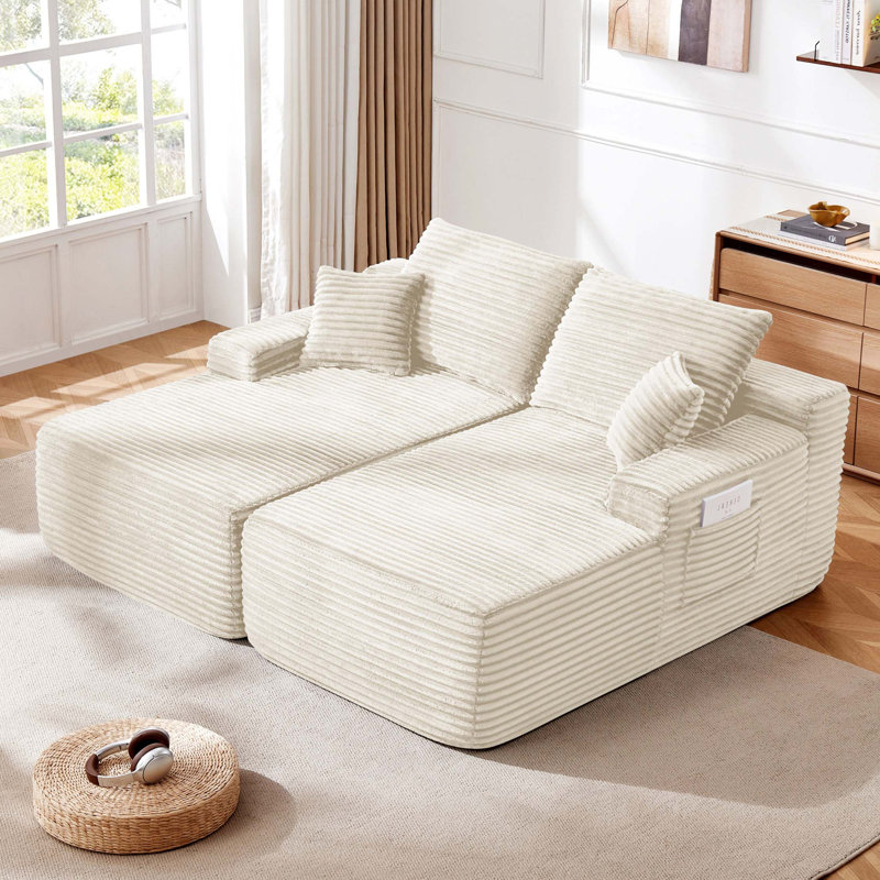 Canapé modulaire Cloud avec assise profonde et méridienne double, L 76 po, Tissu beige