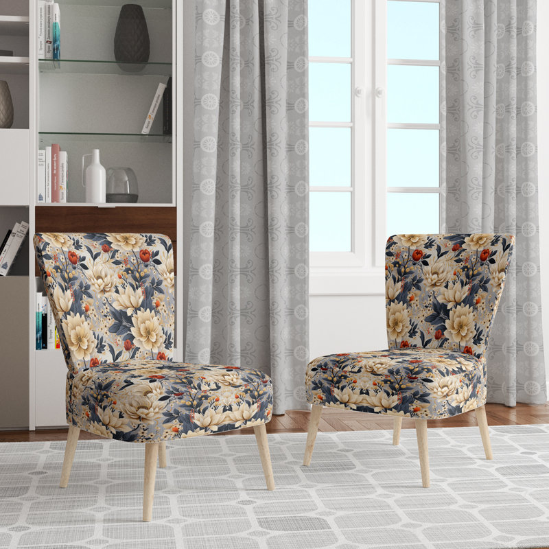 Chaise d'appoint rembourrée de style campagnard avec motif floral bleu et beige