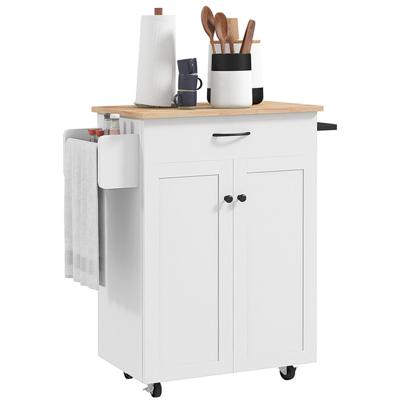 Îlot de cuisine avec plateau en bois massif Rasita, Blanc