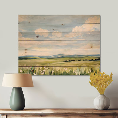 Big Sky Horizon Meadows I - Montana Landscape Blue Wood Print On Natural Pine Wood