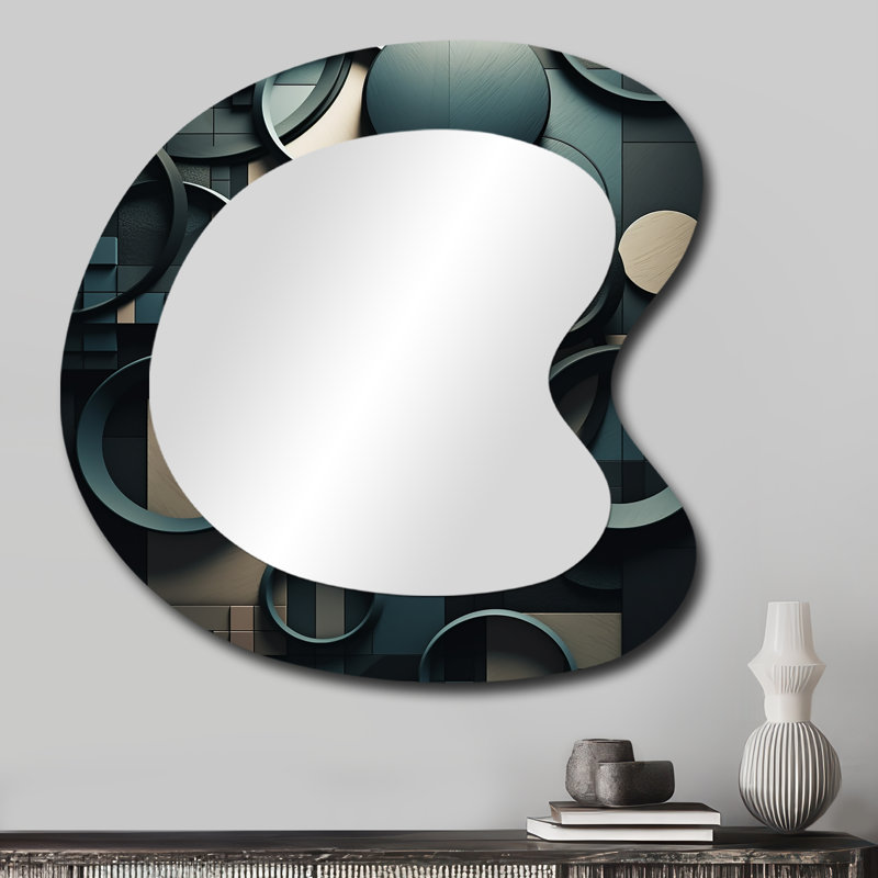 Fieke Teal Fragmented Forms - Cubism Asymmetrical Mirror, Teal Irregular Shape Unique Wall Mirror, Printed Metal Art