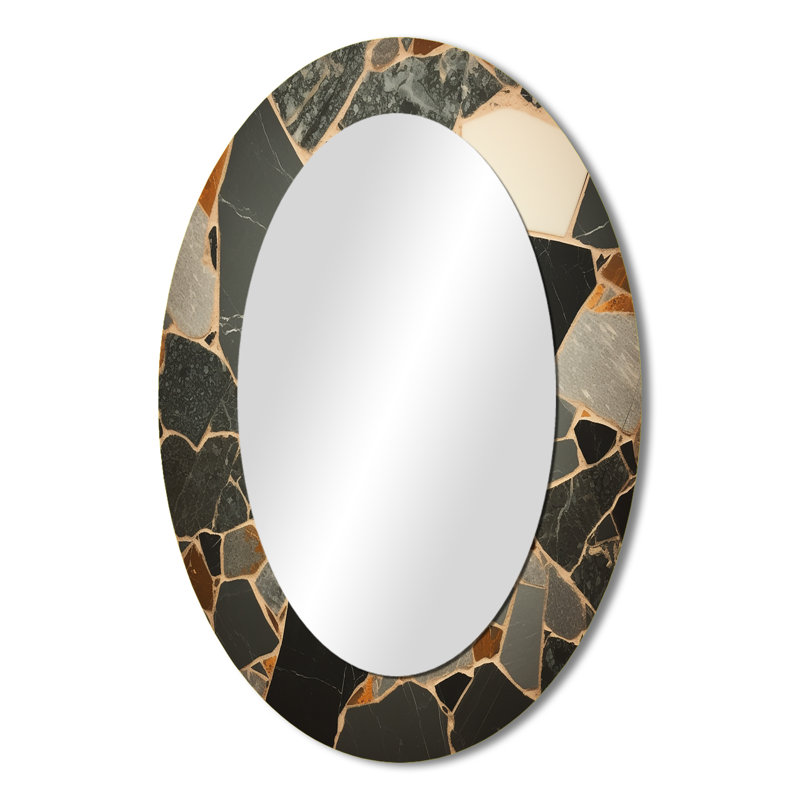 Gris abstrait Harmony In Tiles III - Grand miroir mural ovale sur métal, 36 po x 24 po