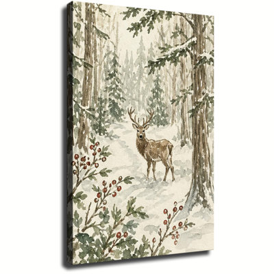 Aquarelle représentant un majestueux cerf se tenant sur un chemin forestier enneigé, orné de baies de houx rouges. Tableau d'hiver sur toile.