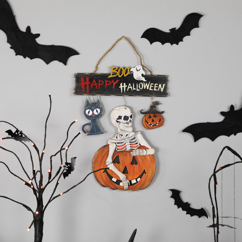 Décoration suspendue squelette 14,5 "avec citrouilles-lanternes et chat noir" Happy Halloween "