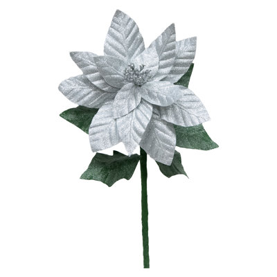 21.75" Glitter Poinsettia with Leaves Stem Silver