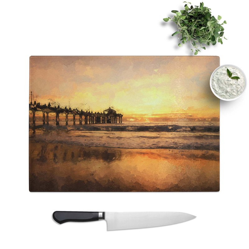Tempered Glass Sunset Behind the Pier Chopping Board, 39 cm W x 28.5 cm L