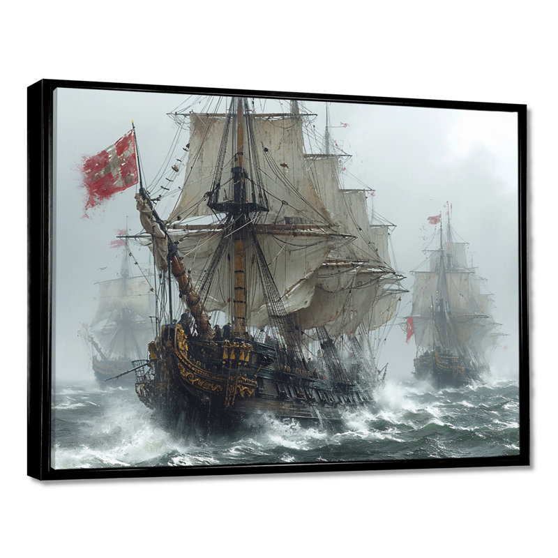 Voilier maritime, expédition «Conquering the Unkown» - bateau, art mural, Toile avec cadre flottant noir