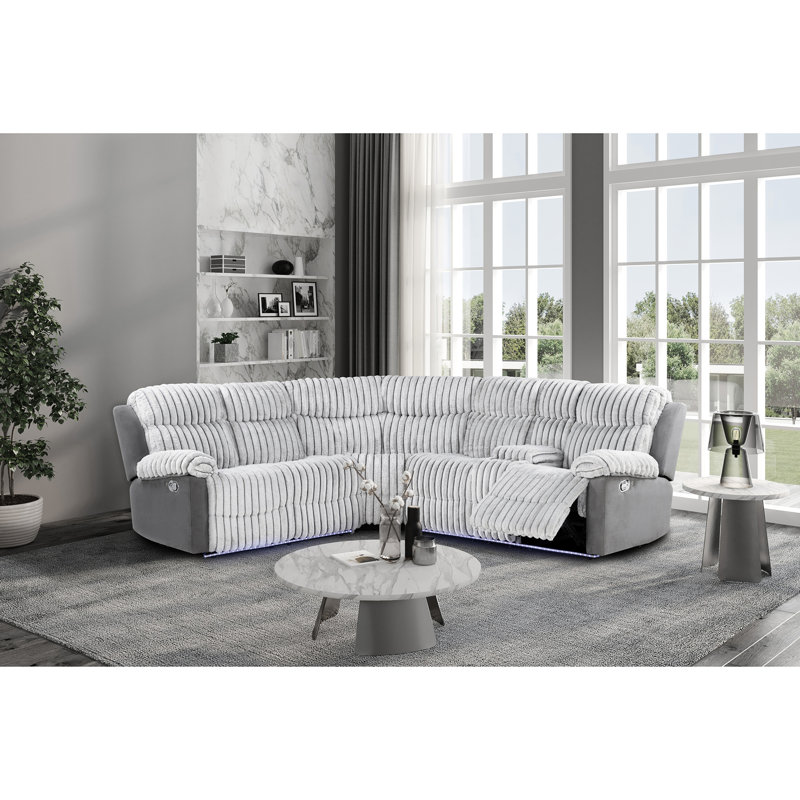 Canapé modulaire courbé gris contemporain à 5 places avec DEL, inclinaison manuelle, fermeté moyenne, riche revêtement, structure en bois d'hévéa et DEL à dossier serré