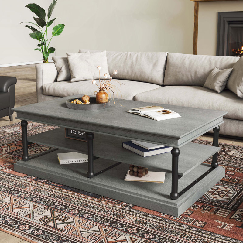 Table basse 55,1 po en bois avec 2 tablettes de rangement ouvertes - Finition grise
