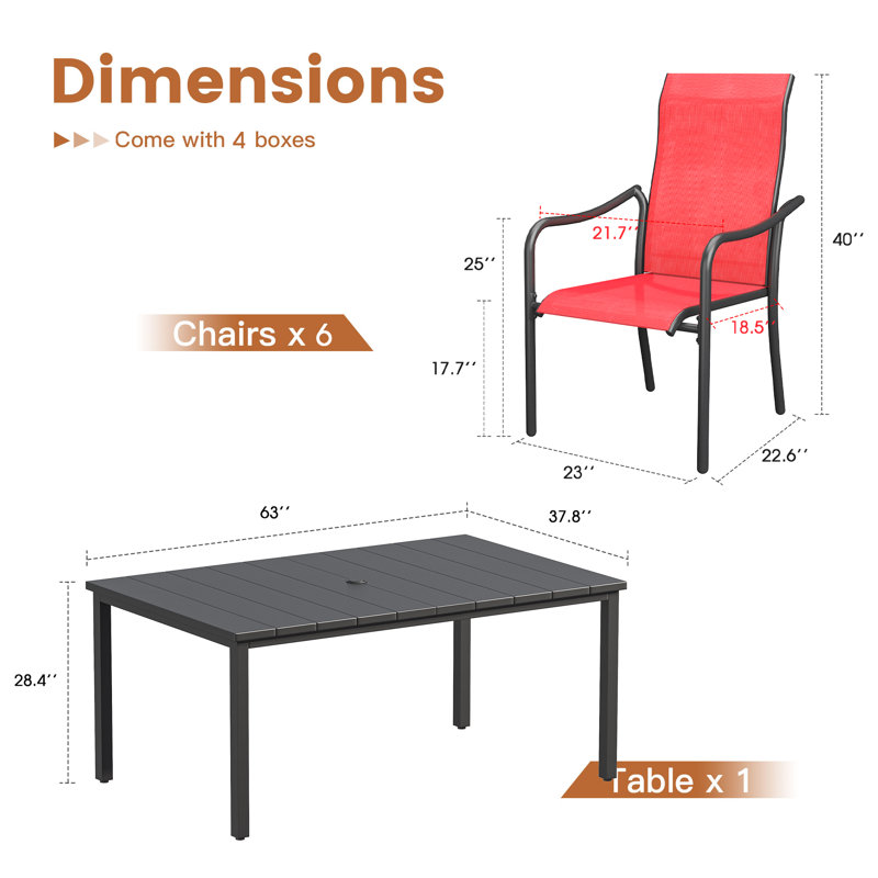 Ensemble repas d'extérieur 63 "avec table de salle à manger rectangulaire en métal et accoudoirs PVC-coated polyester