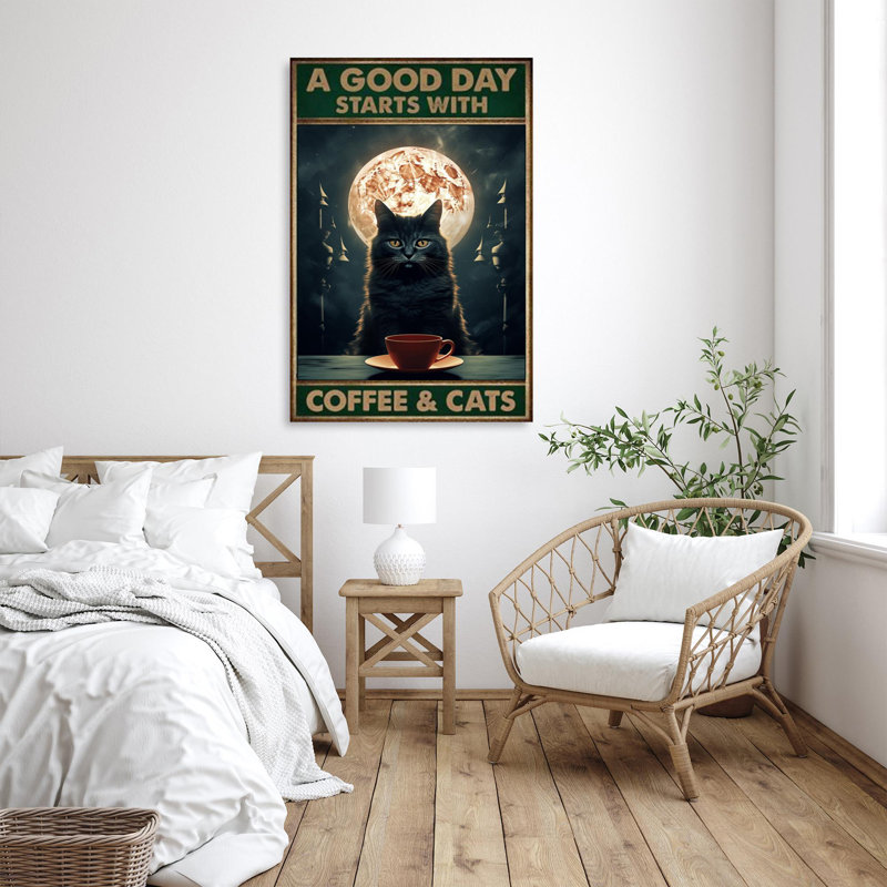Coffee and Cats - 1 pièce, reproduction d'art graphique sur toile tendue, H 14 po x l 11 po x P 1,25 po
