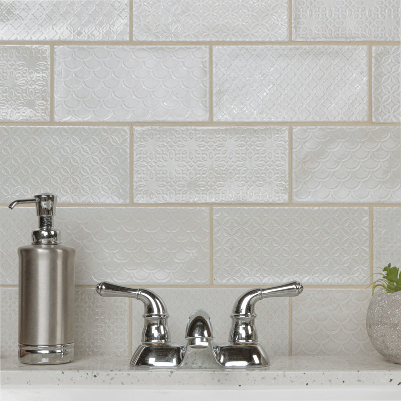 Camden 8" x 4" Ceramic Patterned Subway Tile, Antique Bianco