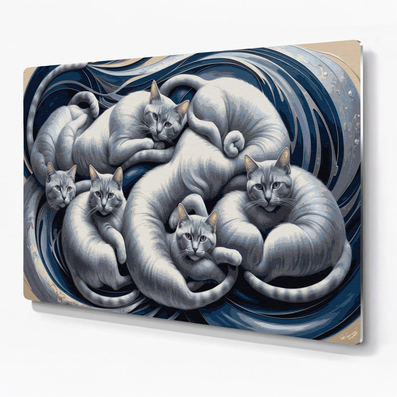 Chats, art mural bleu russe en métal gris