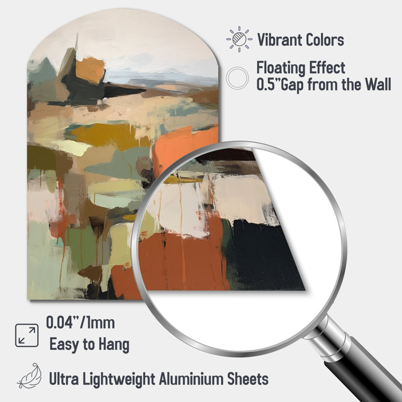 «Green and Beige Transcendant Reality III - Arch Abstract Paint», décoration murale asymétrique en métal, H 34 po x l 25 po